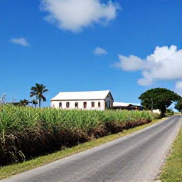 Caribbean Holidays, Barbados November, Barbados countryside in November with sugar cane fields, a historic plantation house and a scenic road beneath blue skies