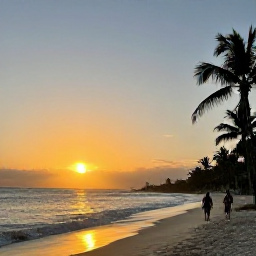 Caribbean Holidays, Barbados November, Barbados sunset beach with gentle waves, golden light, palm trees and a couple walking along the shore
