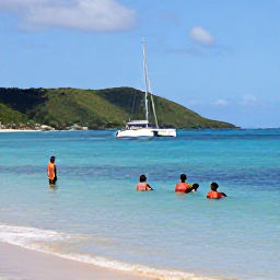 Caribbean Holidays, Barbados November, Calm Barbados coastline in November with snorkellers in clear water, a catamaran offshore and green tropical hills