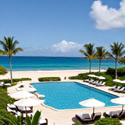 Caribbean Holidays, Barbados November, Elegant Barbados all-inclusive resort overlooking a tropical beach, with a swimming pool, sun loungers and palm trees