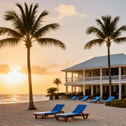 Caribbean Holidays, Barbados November, Elegant Barbados beach hotel at sunset in November with loungers, palm trees and warm evening light