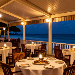 Caribbean Holidays, Barbados November Tours, A relaxed November evening at a beachfront restaurant in Barbados with local food, warm lights and the sea beyond