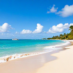 Caribbean Holidays, Barbados November Tours, A sunny Barbados coastline in November with turquoise sea, golden sand, palm trees and a small sightseeing boat