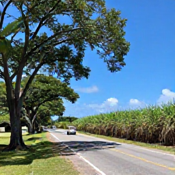 Caribbean Holidays, Barbados November Tours, A tropical Barbados interior landscape with a scenic road, sugar cane fields, mahogany trees and a small tour vehicle