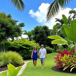 Caribbean Holidays, Barbados October Breaks, Couple walking through a lush Barbados garden after a light tropical shower, vivid greenery, palms and bright blue sky