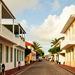 Caribbean Holidays, Barbados October Breaks, Historic Bridgetown street scene with colonial architecture, colourful shops, pedestrians and palm trees under soft tropical sunshine