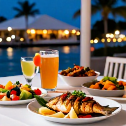 Caribbean Holidays, Barbados October Breaks, Outdoor table at a Barbados restaurant serving fresh fish, colourful salads and local dishes, with tropical evening lighting