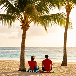 Caribbean Holidays, Barbados October Holidays, A couple relaxing beneath palm trees beside a calm Caribbean beach in Barbados, colourful beach towels and soft tropical sunshine