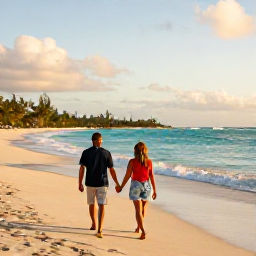 Caribbean Holidays, Barbados October Holidays, A couple walking hand in hand along a quiet golden beach in Barbados during October, gentle turquoise sea and warm evening light