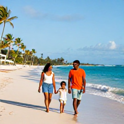 Caribbean Holidays, Barbados October Holidays, A happy family walking along a sunny Barbados beach in October, with calm turquoise water, pale sand and palm trees
