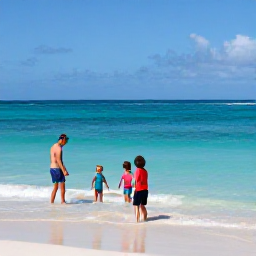 Caribbean Holidays, Barbados October Holidays, Children playing safely in shallow Caribbean sea beside parents on a Barbados beach, bright October sunshine and gentle waves