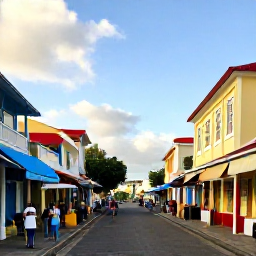 Caribbean Holidays, Barbados October Holidays, Colourful Bridgetown street with historic buildings, local shops and visitors exploring Barbados in warm October sunshine