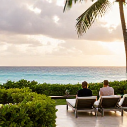 Caribbean Holidays, Barbados October Holidays, Couple enjoying a peaceful Barbados resort terrace overlooking the sea after a light tropical shower, fresh greenery and warm light