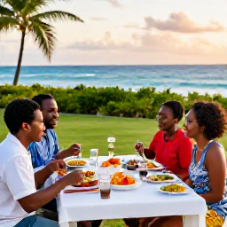 Caribbean Holidays, Barbados October Holidays, Family enjoying a relaxed outdoor Bajan meal near the coast in Barbados, colourful local food and warm evening light