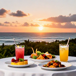 Caribbean Holidays, Barbados October Holidays, Outdoor table overlooking a Barbados sunset, with Caribbean dishes, colourful drinks and a relaxed evening setting