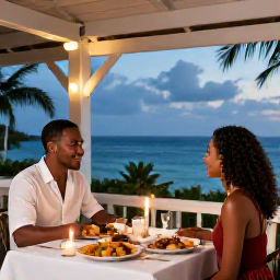 Caribbean Holidays, Barbados October Holidays, Romantic open-air restaurant in Barbados with a couple enjoying dinner, candles, local dishes and a dusky Caribbean backdrop