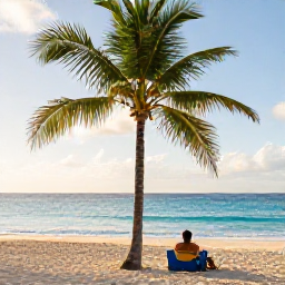 Caribbean Holidays, Barbados October Holidays, Traveller relaxing beneath a palm tree beside a quiet Barbados beach, with bright blue water and soft afternoon light