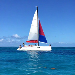 Caribbean Holidays, Barbados October Tours, A colourful Barbados catamaran sailing along the west coast with passengers snorkelling near a sea turtle in clear blue water
