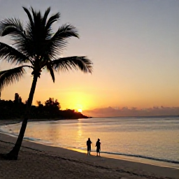 Caribbean Holidays, Barbados October Tours, A couple enjoying a peaceful sunset on a Barbados beach with warm light, palm silhouettes and calm Caribbean waves