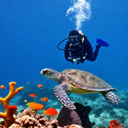 Caribbean Holidays, Barbados Scuba Diving, A diver observing a sea turtle above a Barbados reef, surrounded by colourful fish, sponges and clear blue water