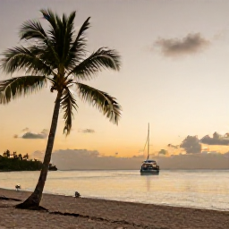 Caribbean Holidays, Barbados Scuba Diving, A relaxed Barbados beach scene at sunset with palm trees, calm sea and diving boat offshore