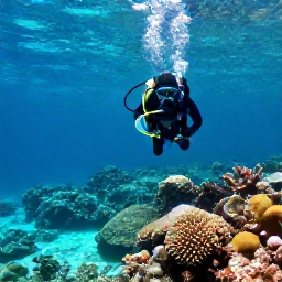Caribbean Holidays, Barbados Scuba Diving, A scuba diver exploring a colourful coral reef in clear turquoise water off the coast of Barbados in bright January sunshine