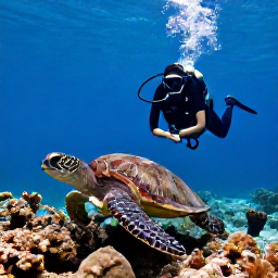 Caribbean Holidays, Barbados Scuba Diving, A scuba diver swimming beside a graceful sea turtle over a reef near Barbados
