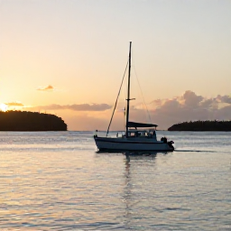 Caribbean Holidays, Barbados Scuba Diving, A small dive boat leaving Bridgetown harbour at sunrise, with calm Caribbean sea and Barbados coastline in the background