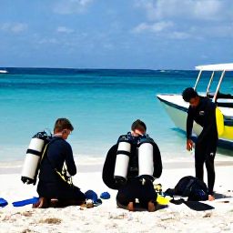Caribbean Holidays, Barbados Scuba Diving, A small group of scuba divers preparing equipment beside a boat on a sunny Barbados beach