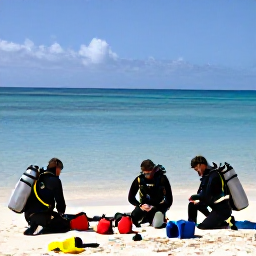 Caribbean Holidays, Barbados Scuba Diving, A small group of scuba divers preparing equipment beside a calm Barbados beach