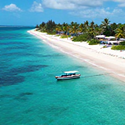 Caribbean Holidays, Barbados Scuba Diving, Aerial view of a Barbados beach with a small dive boat, turquoise sea and palm trees along the shore
