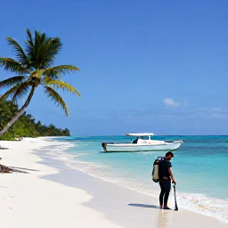 Caribbean Holidays, Barbados Scuba Diving, Bright April morning over a calm Barbados beach, clear turquoise sea, palm trees and a scuba diver preparing beside a small dive boat