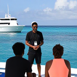 Caribbean Holidays, Barbados Scuba Diving, Friendly Barbados dive instructor briefing holidaymakers beside a dive boat on a bright Caribbean morning