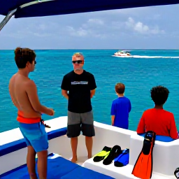 Caribbean Holidays, Barbados Scuba Diving, Friendly Barbados dive instructor briefing holidaymakers beside a dive boat, with masks, fins and colourful equipment ready