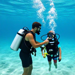 Caribbean Holidays, Barbados Scuba Diving, Friendly Barbados dive instructor helping a beginner scuba diver in shallow turquoise water