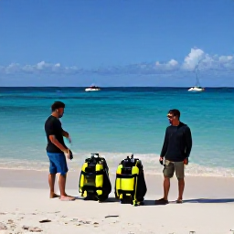 Caribbean Holidays, Barbados Scuba Diving, Friendly Barbados dive instructors preparing scuba equipment beside a sunny beach and calm turquoise sea
