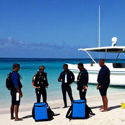 Caribbean Holidays, Barbados Scuba Diving, Friendly scuba diving instructor briefing holidaymakers beside a boat on a sunny Barbados beach