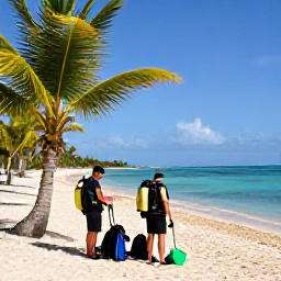 Caribbean Holidays, Barbados Scuba Diving, Friendly scuba instructors preparing equipment beside a Barbados beach, with palm trees and calm blue sea