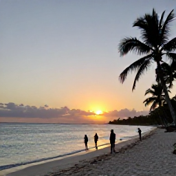 Caribbean Holidays, Barbados Scuba Diving, Relaxed Barbados beach at sunset with palm trees, calm sea and a small group of divers enjoying the shoreline