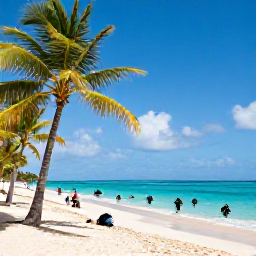 Caribbean Holidays, Barbados Scuba Diving, Relaxed Barbados beach scene with palm trees, turquoise sea and divers returning after a morning dive