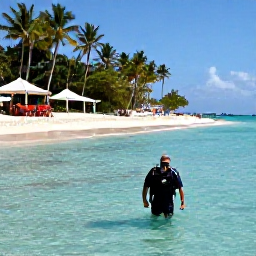 Caribbean Holidays, Barbados Scuba Diving, Relaxed Barbados coastline after a morning dive, with a diver walking from the sea, white sand, palm trees and a beach caf&eacute;
