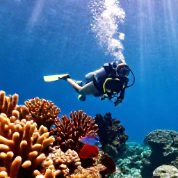 Caribbean Holidays, Barbados Scuba Diving, Scuba diver exploring a colourful Barbados coral reef with tropical fish, clear blue water and shafts of sunlight