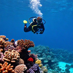 Caribbean Holidays, Barbados Scuba Diving, Scuba diver exploring a colourful coral reef in clear blue Barbados water during August