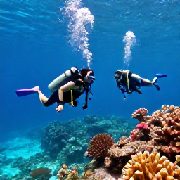Caribbean Holidays, Barbados Scuba Diving, Scuba divers exploring a colourful coral reef in clear blue water off Barbados in bright July sunshine
