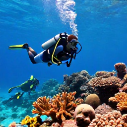 Caribbean Holidays, Barbados Scuba Diving, Scuba divers exploring a colourful coral reef in clear turquoise water off Barbados