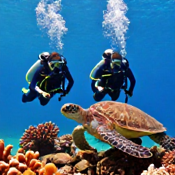 Caribbean Holidays, Barbados Scuba Diving, Scuba divers exploring a coral reef with sea turtles and tropical fish near Barbados
