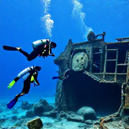 Caribbean Holidays, Barbados Scuba Diving, Scuba divers exploring a historic shipwreck in blue Caribbean water near Barbados