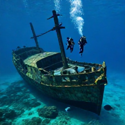 Caribbean Holidays, Barbados Scuba Diving, Scuba divers exploring a historic shipwreck on the seabed near Barbados, with clear blue water and reef fish