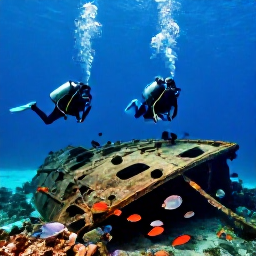 Caribbean Holidays, Barbados Scuba Diving, Scuba divers visiting a historic shipwreck surrounded by tropical fish in clear water near Barbados