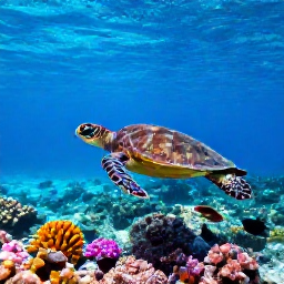 Caribbean Holidays, Barbados Scuba Diving, Sea turtle swimming above a colourful Caribbean reef with tropical fish in Barbados